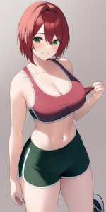 girl, very short red hair, green eyes, fit body, smiling sports bra, shorts, sneakers s-1882101359.png
